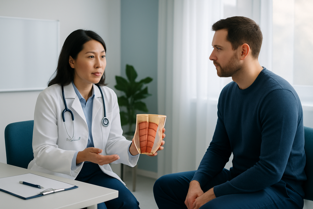 Doctor explaining a model of the human digestive system to a patient.
