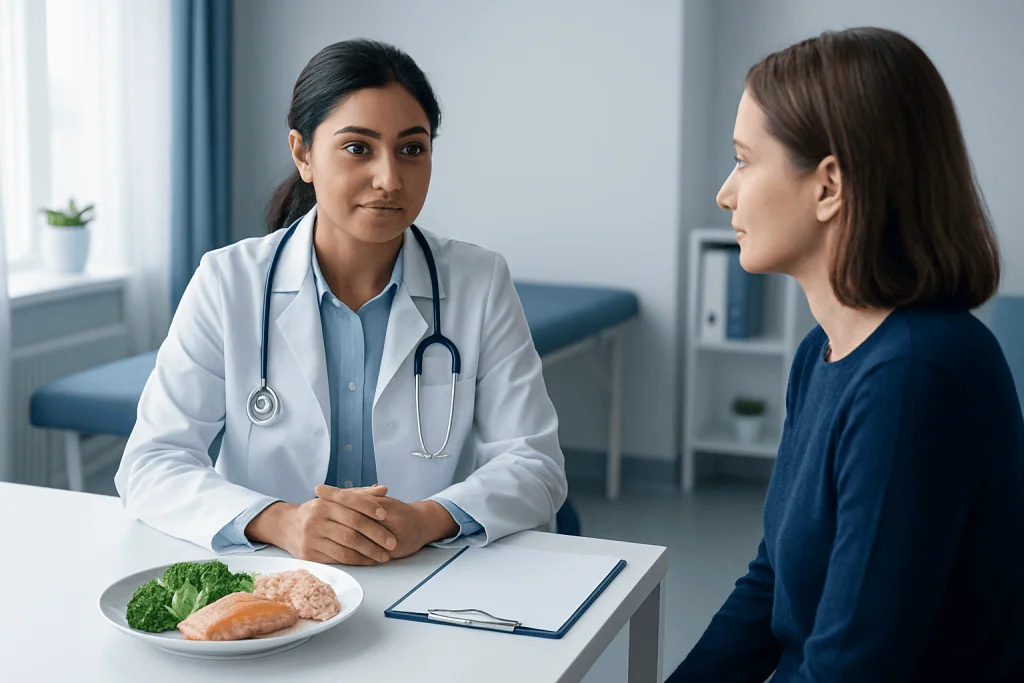 Doctor consulting patient about healthy diet and nutrition.
