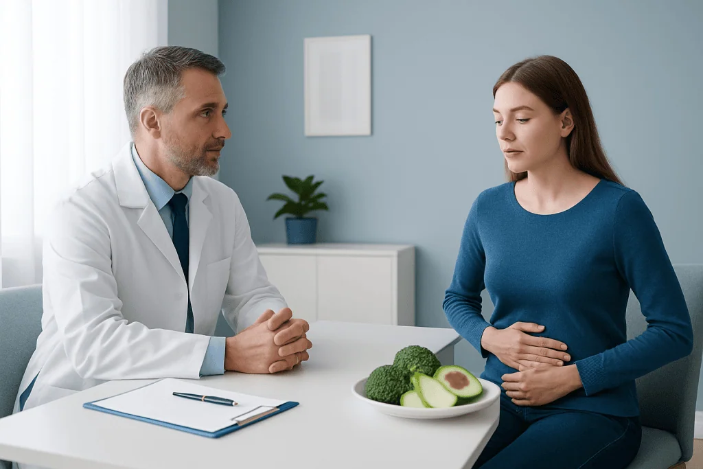Doctor consulting with young woman about digestive health and bloating.