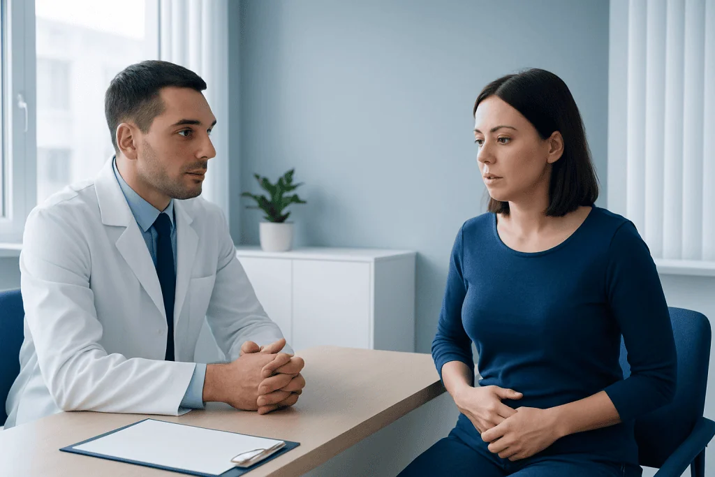 Doctor consulting with a female patient in a medical office.
