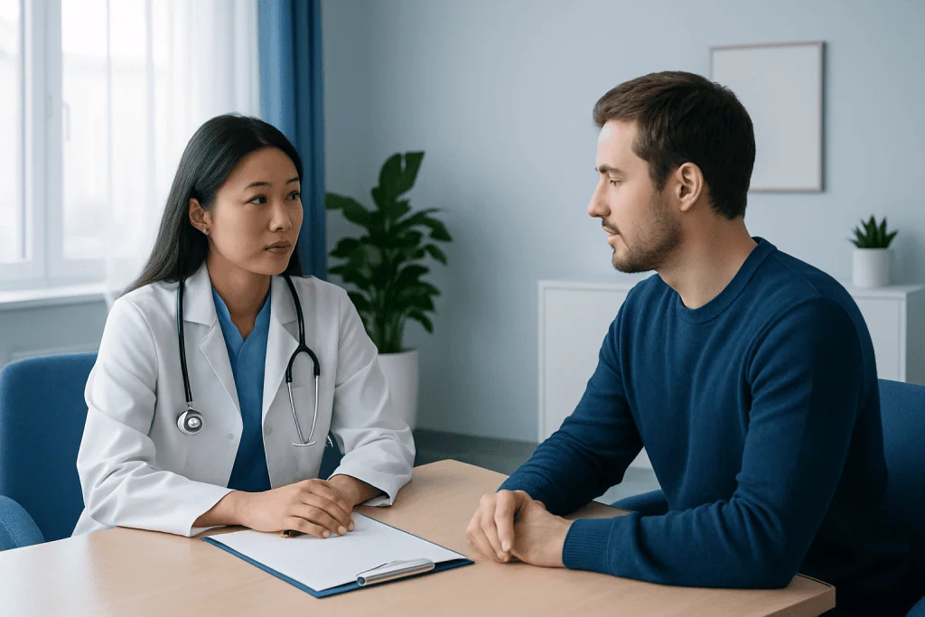 Doctor consulting with a male patient in a medical office.