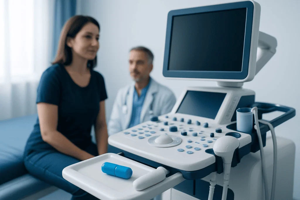 Medical consultation with ultrasound machine at Acibadem Hospital.