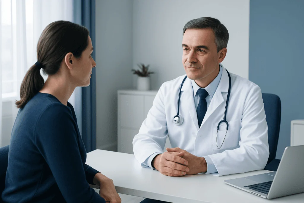 Doctor consulting with a female patient in a modern clinic setting.