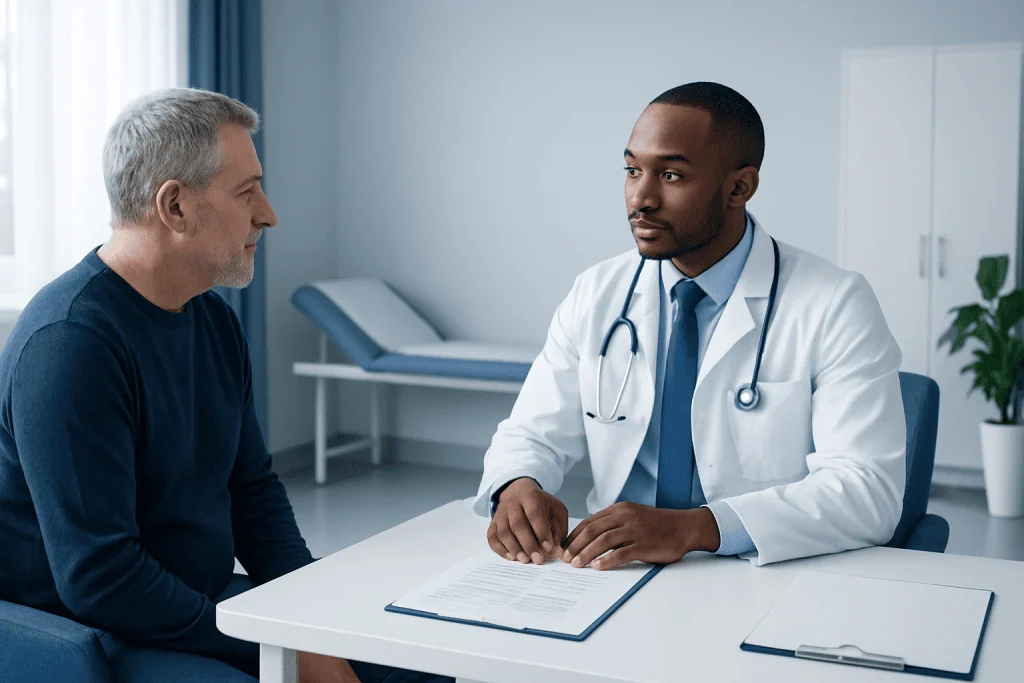 Doctor consulting with a patient in a modern medical office setting.