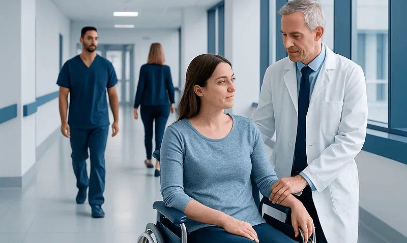 Doctor consulting a female patient in a hospital corridor.