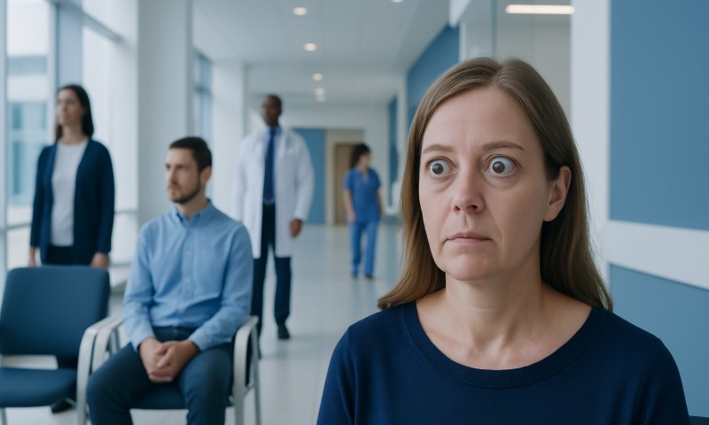 Woman with exophthalmos in a medical setting at Acibadem Hospitals Group.