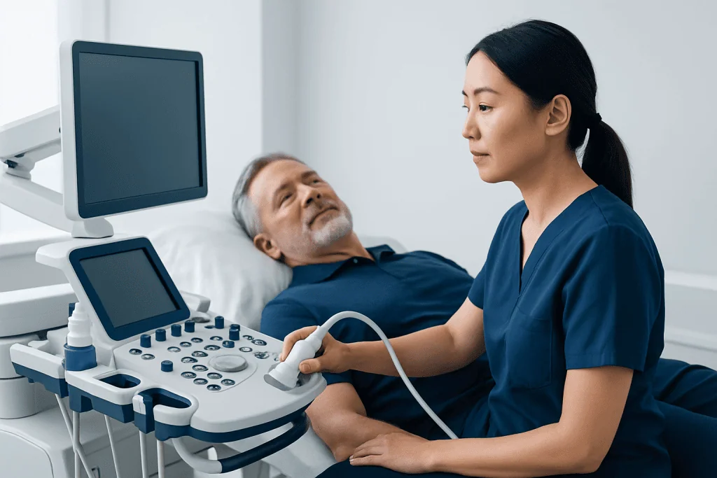 Medical professional performing an ultrasound on a patient in a hospital room.