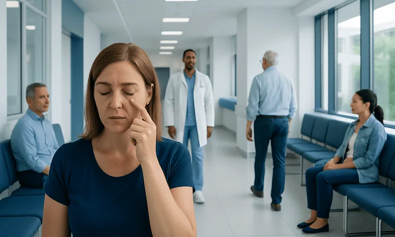Woman experiencing eye discomfort in a hospital waiting area.