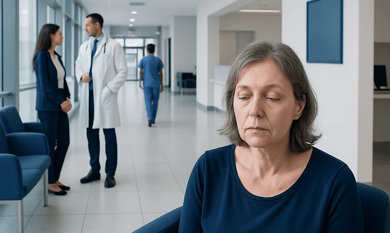 Patient with eye crust in hospital corridor, medical staff in background.