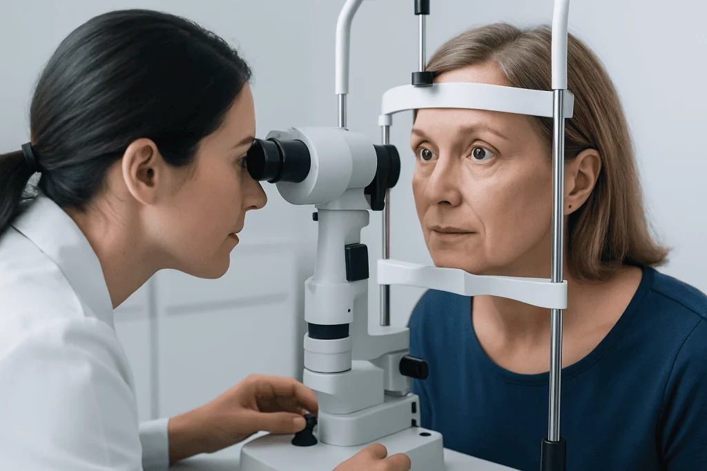 Optometrist examines woman's eyes using slit lamp in clinic setting.