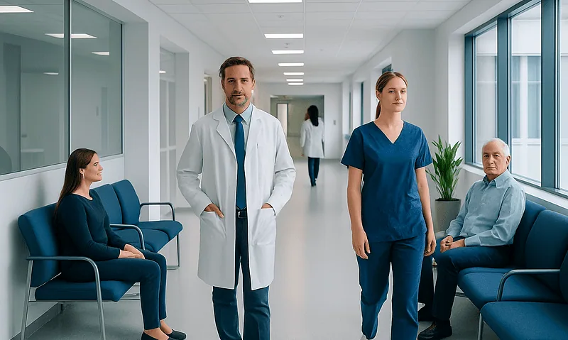 Medical professionals and patients in a hospital corridor at Acibadem Hospitals Group.