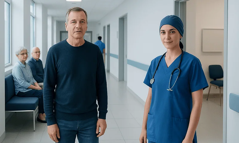 Patient consulting with nurse in hospital corridor at Acibadem Hospitals Group.