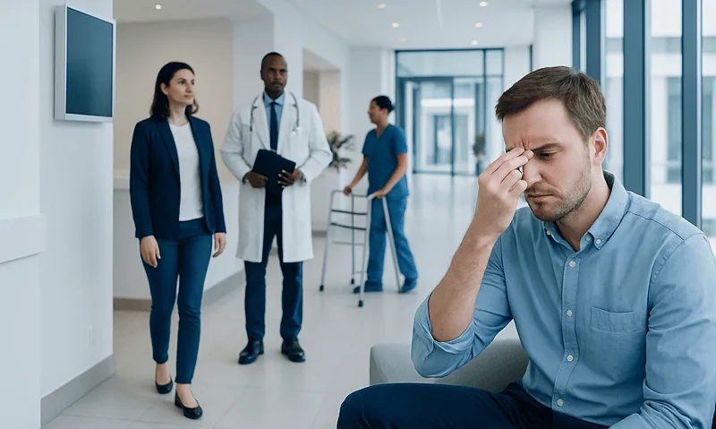 Man with headache holding forehead in hospital corridor.