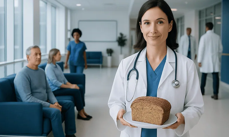 Doctor holding a loaf of bread in a hospital waiting area.