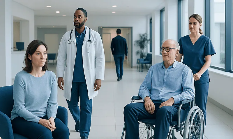 Medical team consulting with a patient in a hospital corridor.