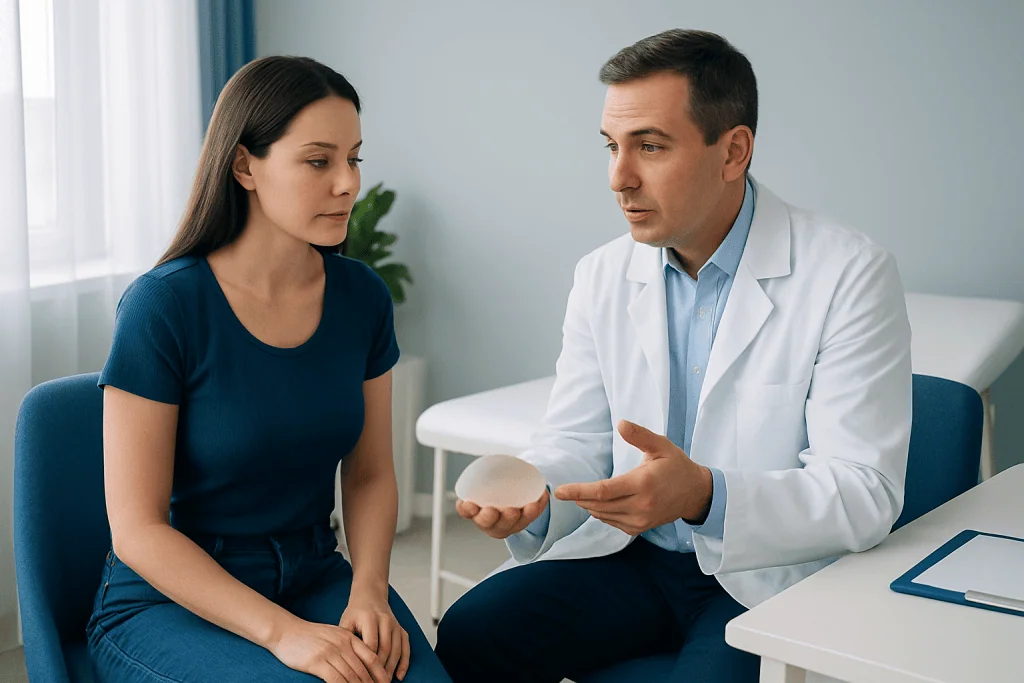 Doctor explaining breast augmentation options to a patient in consultation.