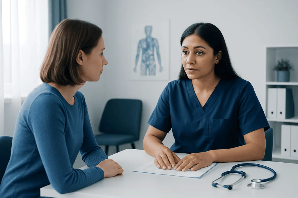 Doctor consulting with a patient in a medical office setting.