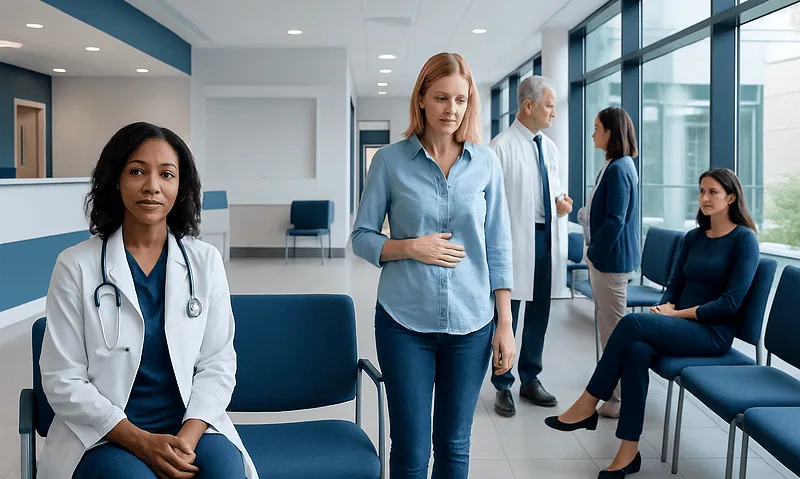 Patient experiencing abdominal discomfort in a hospital waiting area.
