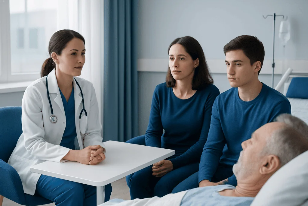 Doctor discussing post-surgery ICU care with patients in hospital room.