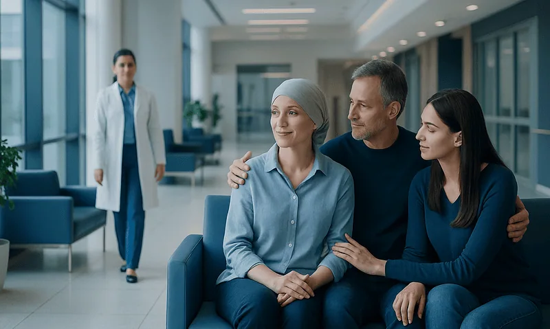 Supportive family members in hospital waiting area during treatment journey.