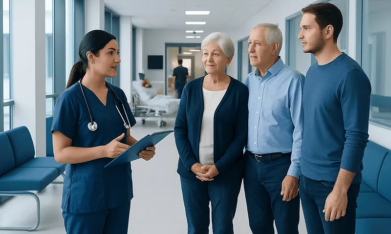 Hospital staff discussing patient care with family members in a modern hospital corridor.