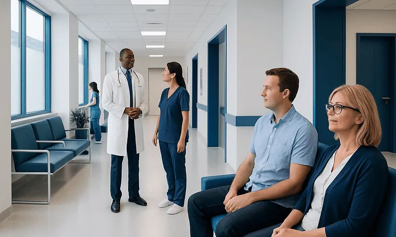 Medical consultation in hospital corridor with doctor and patients.
