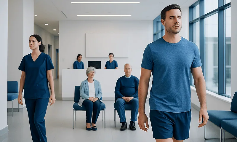 Healthcare professionals and patients in a modern hospital waiting area.