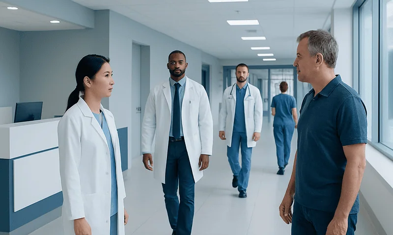 Medical team discussing patient care in hospital corridor.