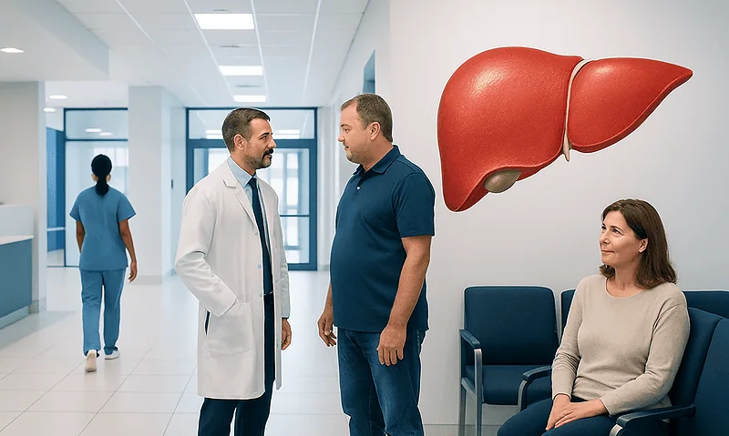 Doctor consulting with patient in hospital corridor with liver illustration.