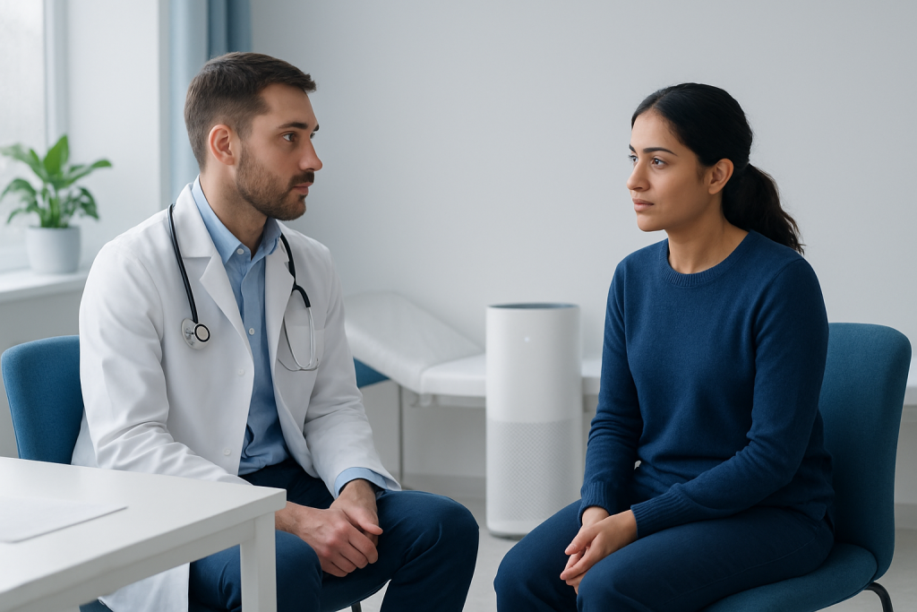 Doctor consulting with a patient in a modern clinic setting.