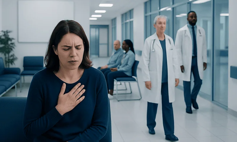 Woman experiencing nausea in a hospital waiting area with doctors nearby.