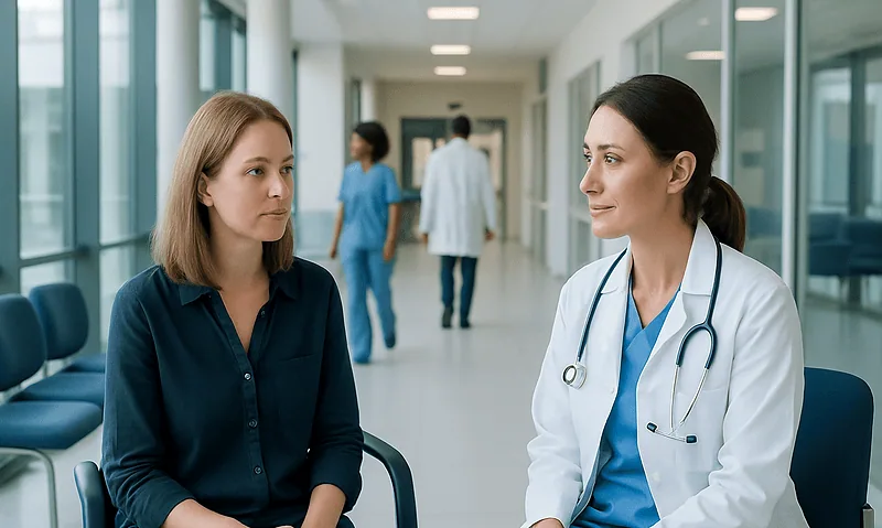 Female patient consulting with a doctor in a hospital corridor.