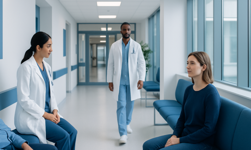 Medical consultation in hospital corridor with doctors and patient.