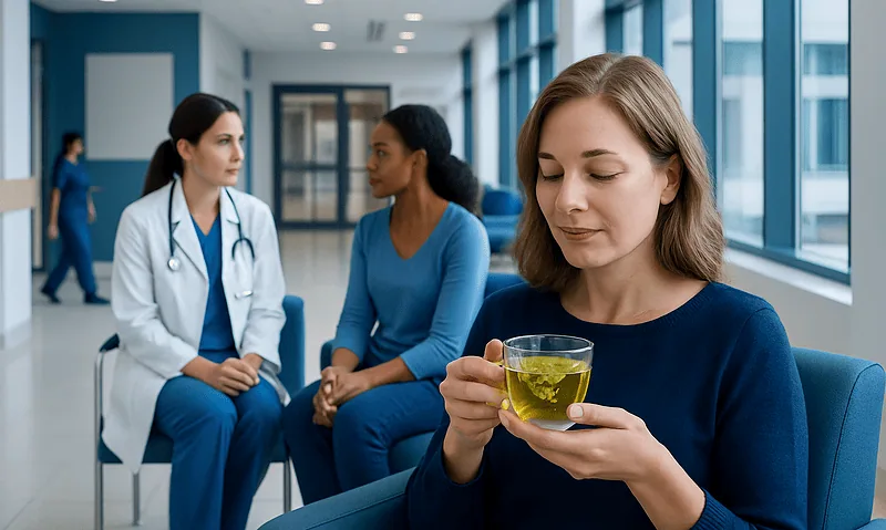 Health Library 18 Woman drinking herbal tea in a hospital waiting area with medical staff nearby.
