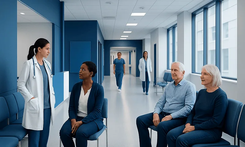 Medical consultation in a modern hospital corridor with diverse patients and staff.