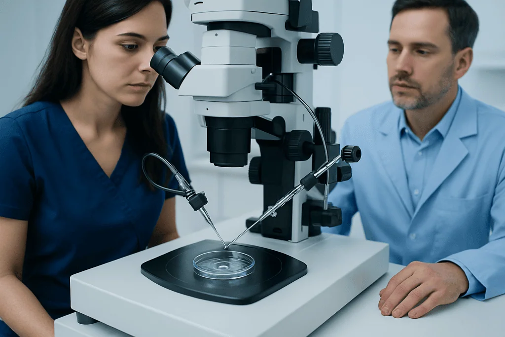 Fertility specialists examining a microscope in a laboratory setting.