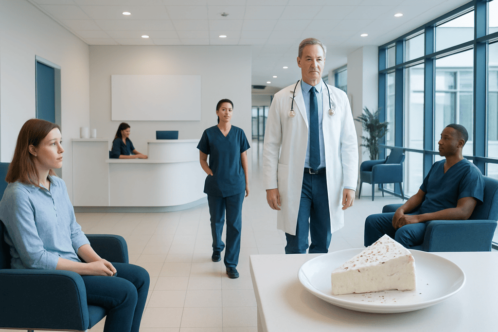 Feta Cheese — Explained by Medical Evidence, Not Myths 1 Doctor and nurses in hospital waiting area with patient and cheese on table.