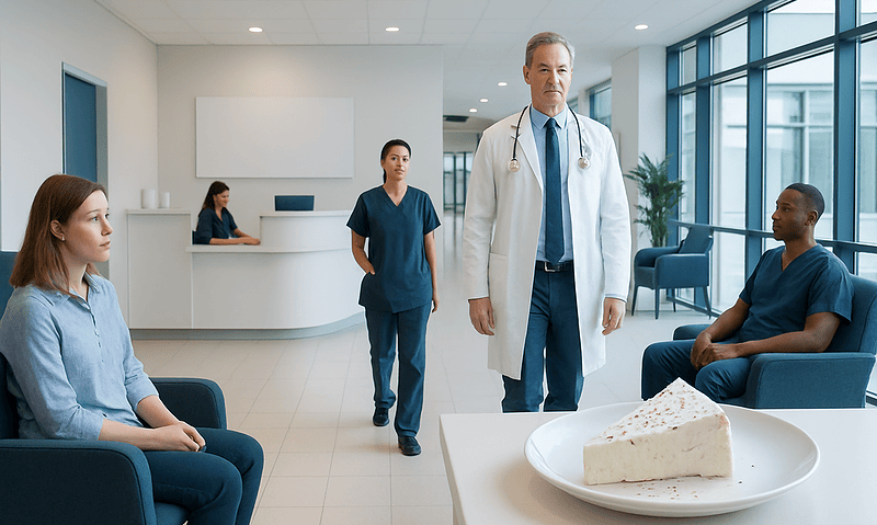 Doctor and nurses in hospital waiting area with patient and cheese on table.