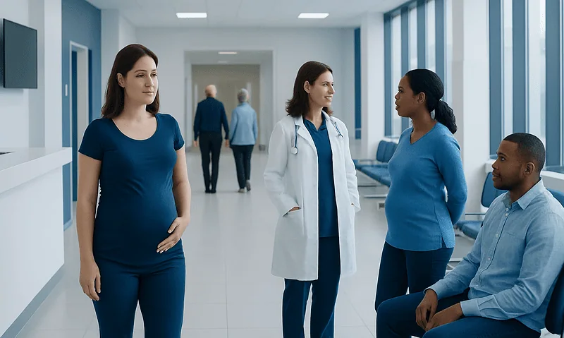 Medical staff and patient in hospital corridor at Acibadem Hospitals Group.