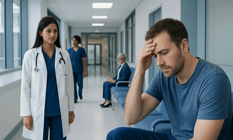 Man with headache in hospital corridor with medical staff and patients.