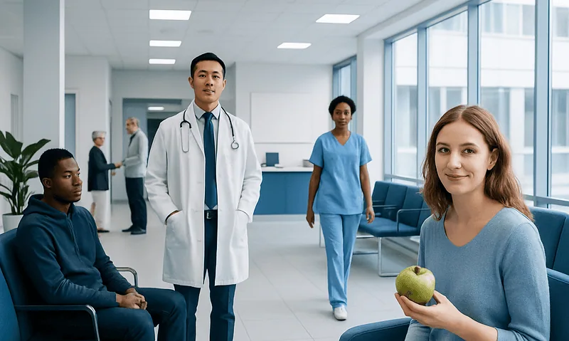 Healthcare professionals and patient in a modern hospital waiting area.