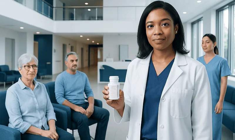 Medical professional presenting fiber supplement to patients in hospital setting.