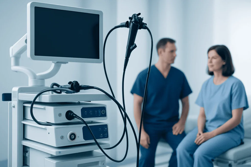 Medical endoscopy equipment in a hospital setting with two healthcare professionals.