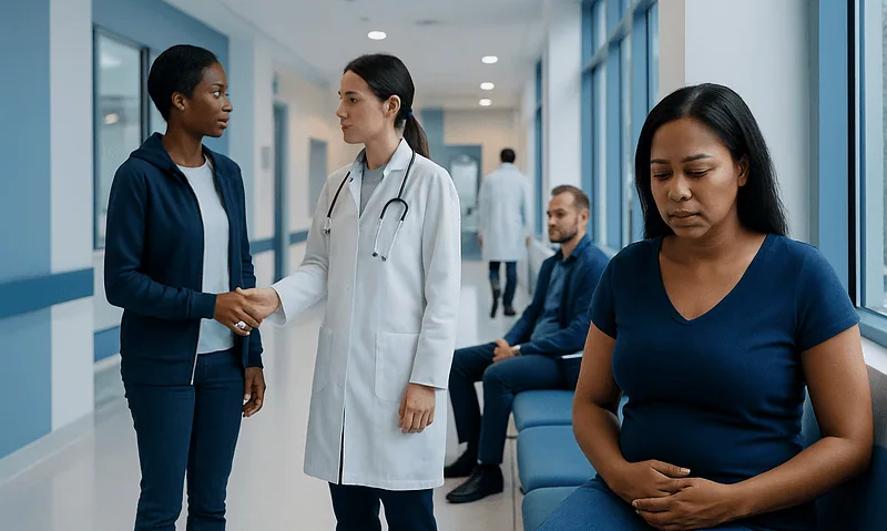Doctor consulting with patient in hospital corridor.