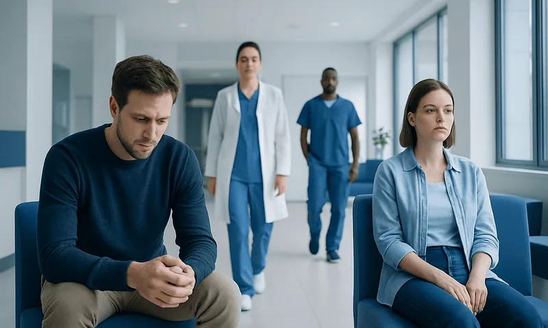 Patients waiting in a hospital corridor with medical staff nearby.