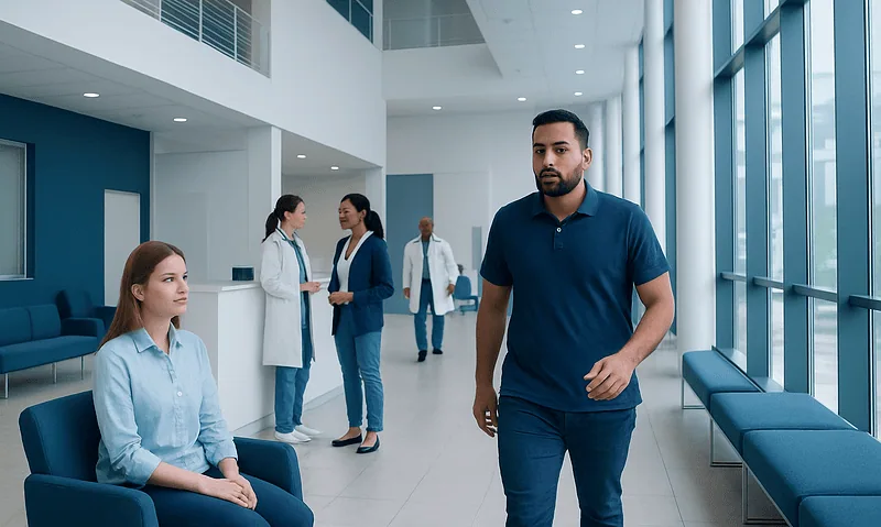 Patients and staff in a modern hospital lobby with large windows and seating areas.