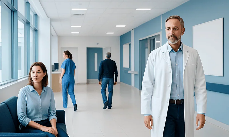 Medical staff and patients in a hospital corridor at Acibadem Hospitals Group.