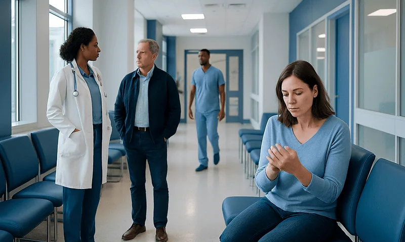 Patient with finger swelling consulting with healthcare professionals in hospital corridor.