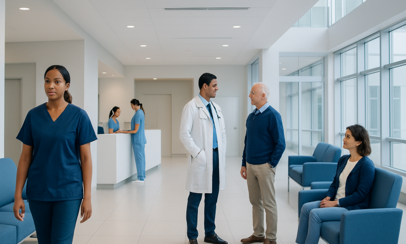 Hospital waiting area with medical staff and patients in a modern facility.