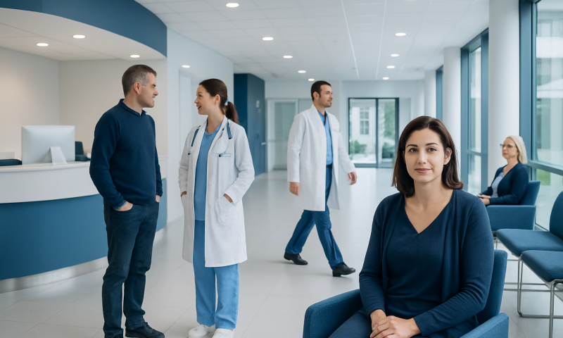Healthcare professionals and patient in a modern hospital lobby.
